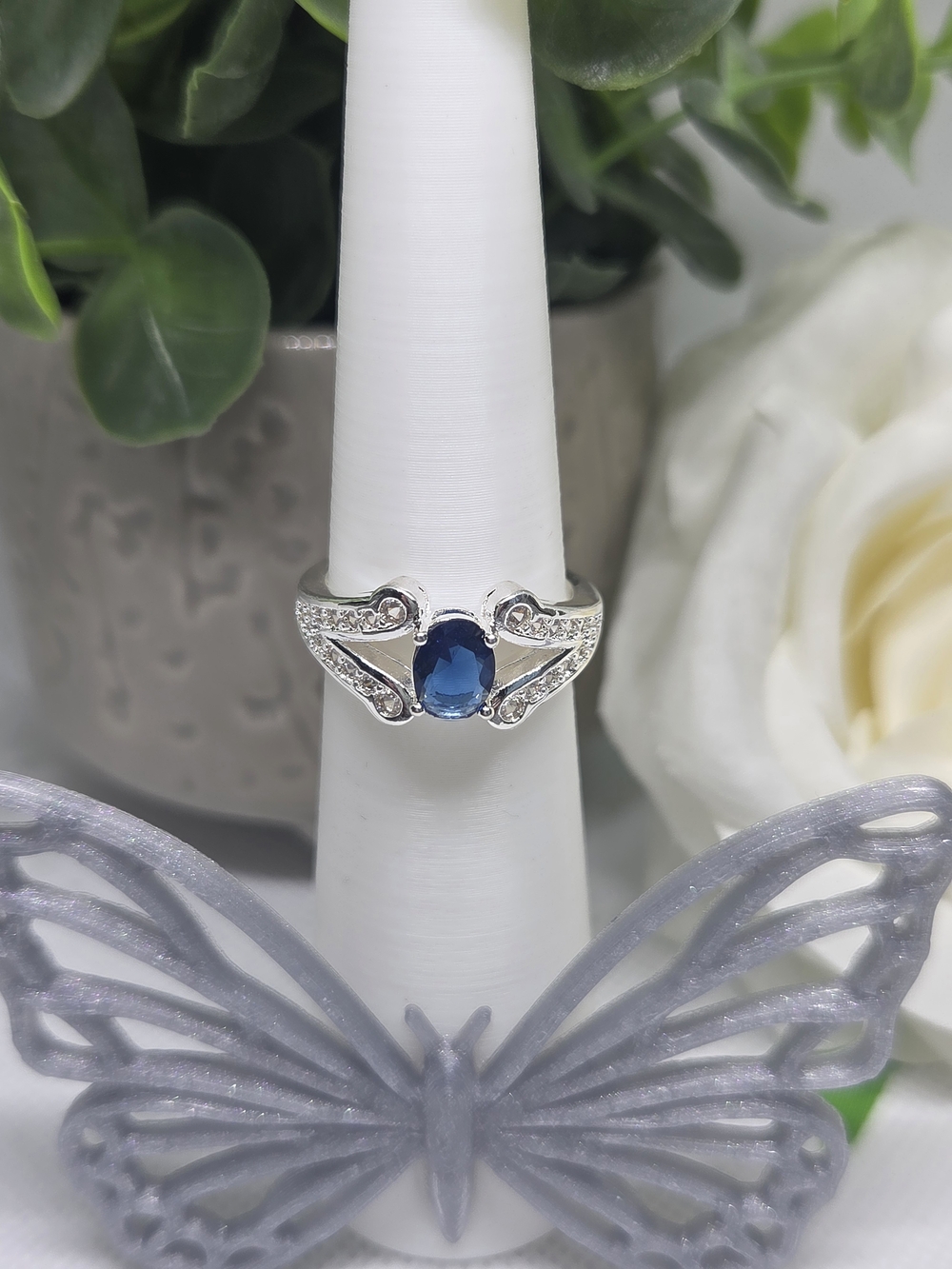 Sterling Silver Blue Sapphire Oval Ring with Pavé Accents